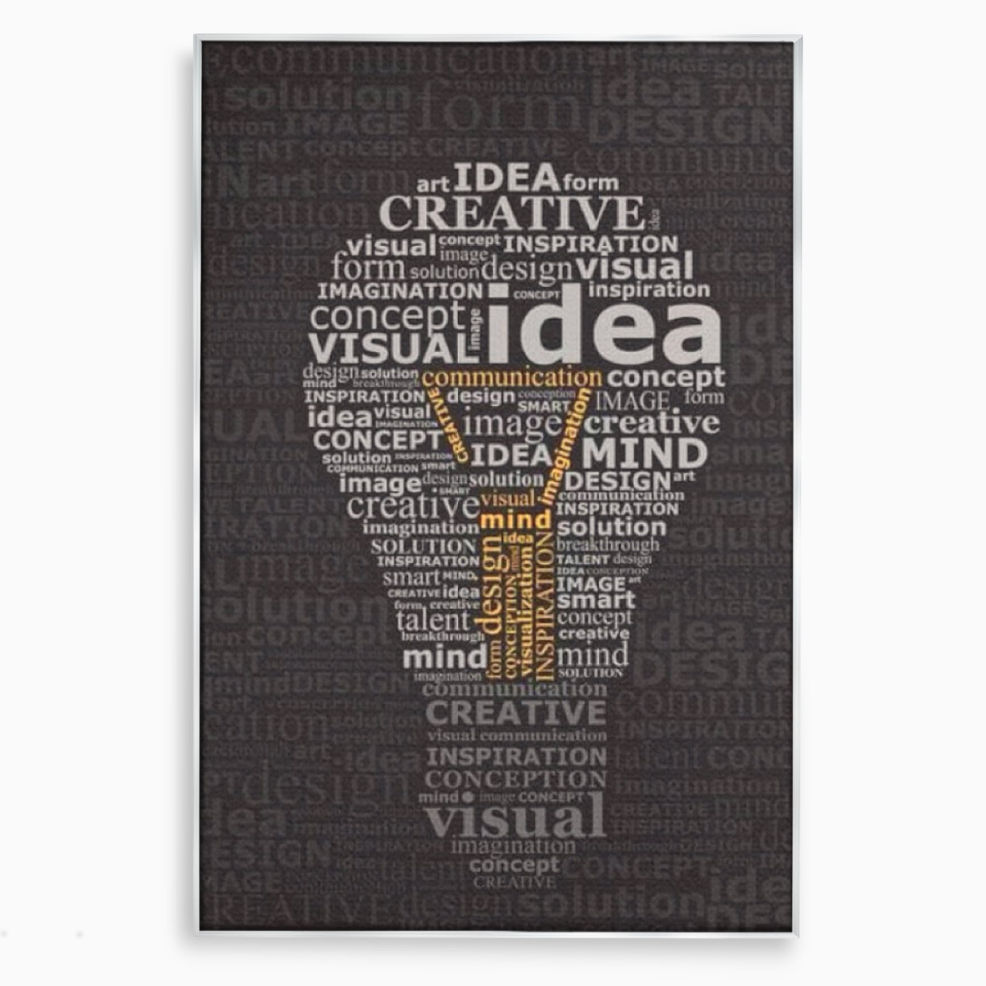 Tablou canvas cu tablou canvas cu silueta de bec formata din cuvinte, in rama de aluminiu argintiu
